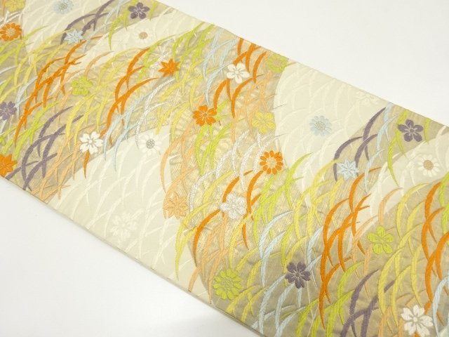 JAPANESE KIMONO / ANTIQUE FUKURO OBI / SILK / WOVEN SAKURA & KIKU